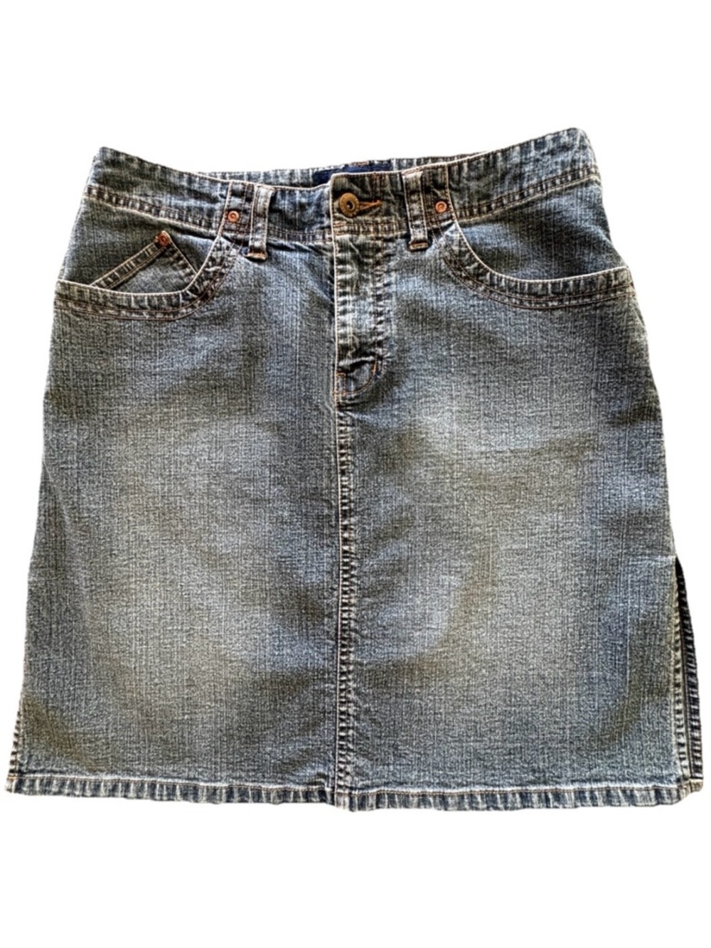 Vintage Y2K Denim Mini Skirt 10 Faded Wash Side Slit 90s Grunge Downtown Girl